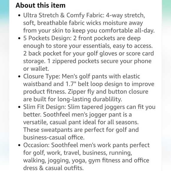 Soothfeel Men's Golf Joggers Pants Zip Pocket Slim Stretch Sweatpants NWT Sz XXL - Picture 5 of 8